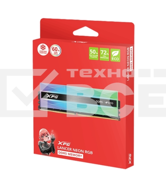 Оперативная память XPG Lancer Neon RGB, DDR5, 32GB (2x16GB), 6400MHz, CL32, с радиаторами, RGB, серебристая