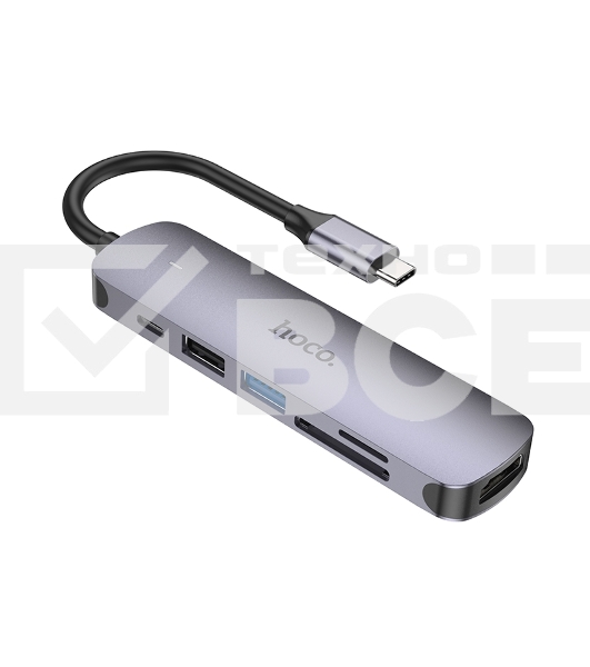 USB-концентратор Type-C Hoco HB28 6в1: USB3.0, PD100W, SD/TF, USB2.0, HDMI, кабель 13см, алюминий