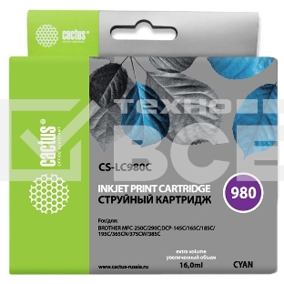 Картридж струйный Cactus CS-LC980C голубой (16 мл) для Brother DCP-145C/165C MFC-250C/290C