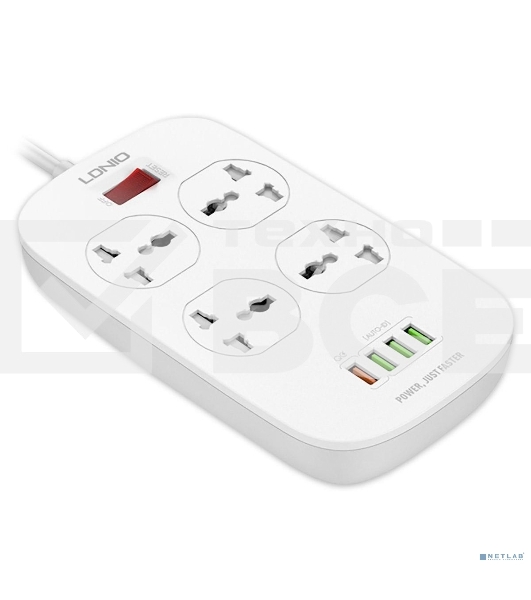 Сетевой фильтр Perfeo LD_B4435 LDNIO SC4407Q/ Сетевой фильтр 2 м / 4 розетки EU_UK_US/ 2500W/ 4 USB+QC 3.0/ Выкл. на розетки/ белый