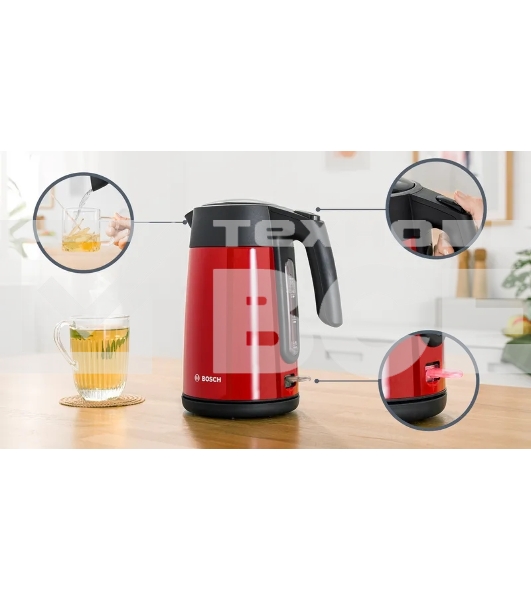 Чайник Bosch TWK7L464, 1.7л, 2400 Вт., нерж.сталь, покрытая эмалью, красный,шкала уровня воды