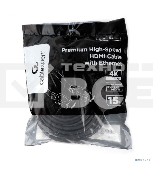 Кабель HDMI Cablexpert CC-HDMI4L-15M, 15м, v2.0, 19M/19M, серия Light, черный, позол.разъемы, экран, пакет