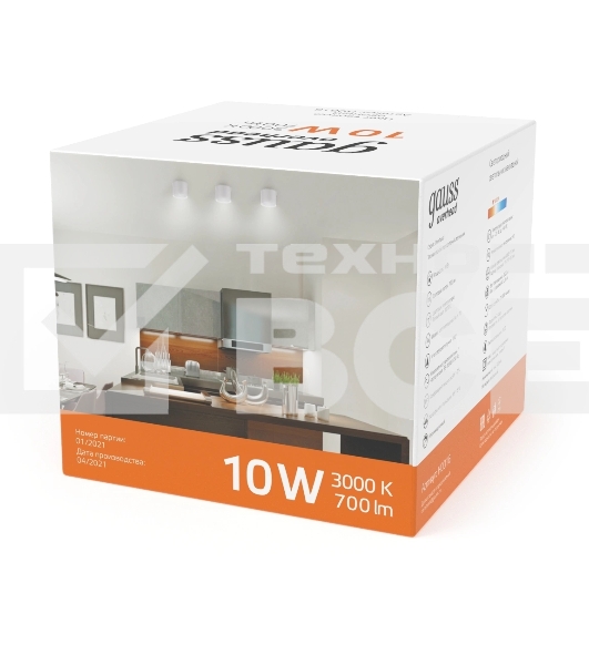 Светильник Gauss HD025 led накладной с рассеивателем 10w белый 3000k 88х75мм 1/30