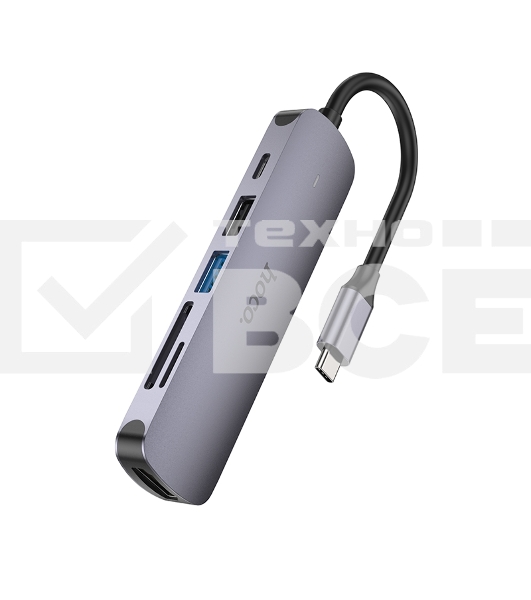 USB-концентратор Type-C Hoco HB28 6в1: USB3.0, PD100W, SD/TF, USB2.0, HDMI, кабель 13см, алюминий