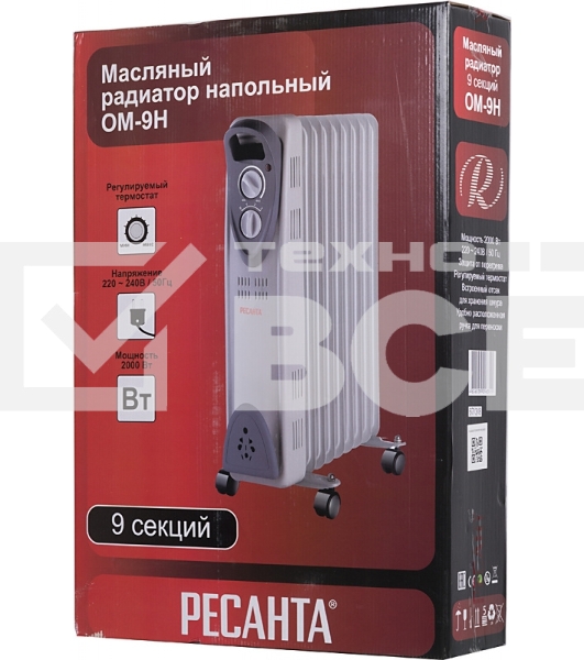 Масляный обогреватель Ресанта ОМ- 9Н (9 секций), белый, 2000 Вт, 20 м2, термостат 67/3/8