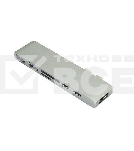 Адаптер сдвоенный Type C на HDMI, USB 3.0*2 + Type C* 2 + SD/TF для MacBook, серый
