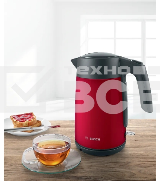 Чайник Bosch TWK7L464, 1.7л, 2400 Вт., нерж.сталь, покрытая эмалью, красный,шкала уровня воды