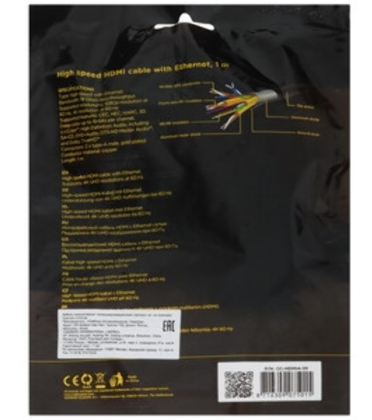 Кабель Cablexpert HDMI CC-HDMI4-1M, 19M/19M, v2.0, медь, позол.разъемы, экран, 1м, черный, пакет