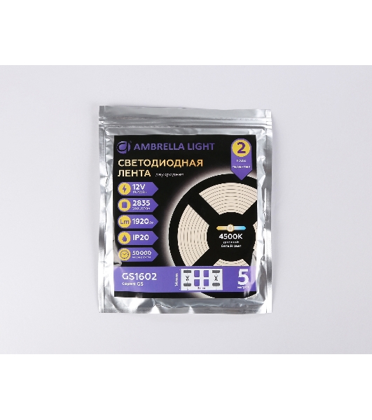 Светодиодная лента Ambrella light GS1602 2835 240Led/ 19.2W m/ 12V IP20 4500K/ 5000*14*1.2mm (2 конт.)