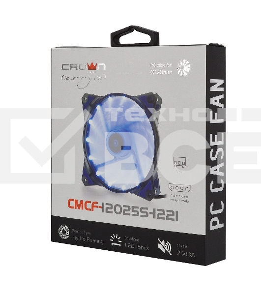 Вентилятор для корпуса Crown CMCF-12025S-1221 черный/синий, 120 мм, 1650 об/мин, 28 дБ, 3 pin