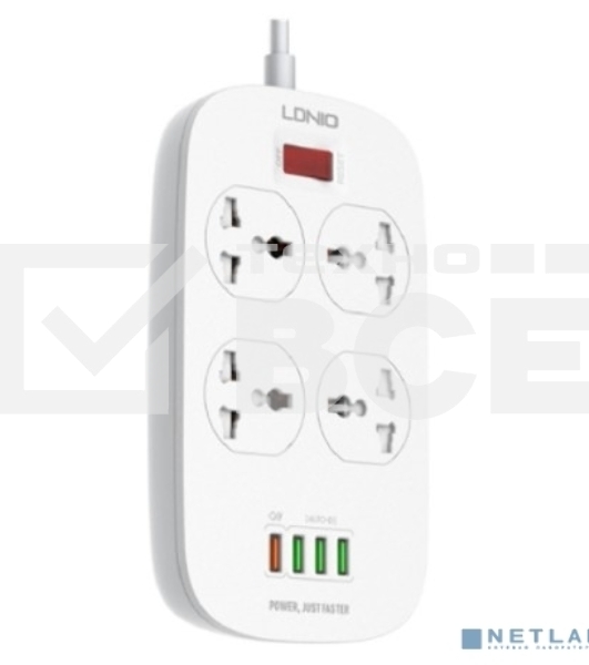 Сетевой фильтр Perfeo LD_B4435 LDNIO SC4407Q/ Сетевой фильтр 2 м / 4 розетки EU_UK_US/ 2500W/ 4 USB+QC 3.0/ Выкл. на розетки/ белый