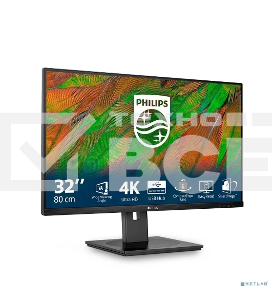Монитор 31.5' Philips 32B1N3800 VA 3840x2160, 60 Гц, 4 мс, 16:9, 350 кд/м², 2xHDMI 2.0, DP 1.4, 3.5 Jack, USB Hub (4x USB 3.2 Gen1), динамики (2x3 Вт), HDR10, черный