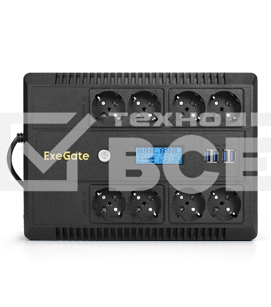 Источник бесперебойного питания ExeGate NEO Smart LHB-600.LCD.AVR.8SH.CH.USB <600VA/360W, LCD, AVR, 8*Schuko, USB, 4*USB-порта для зарядки, Black>