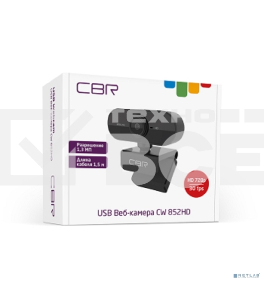 Веб-камера CBR CW 852HD Black с матрицей 1,3 МП, разрешение видео 1280х720, USB 2.0, встроенный микрофон с шумоподавлением, фикс.фокус, крепление на мониторе, длина кабеля 1,5 м, цвет чёрный