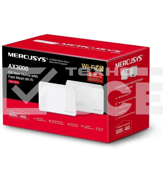 Домашняя Mesh Wi‑Fi система AX3000 Whole Home Mesh Wi-Fi 6 SystemSPEED: 574 Mbps at 2.4 GHz + 2402 Mbps at 5 GHzSPEC: Internal Antennas, 3× Gigabit Ports per Unit (WAN/LAN auto-sensing), 1024-QAM, OFDMA, HE160FEATURE: MERCUSYS APP, Router/AP Mode, One Unified Network, Seaml