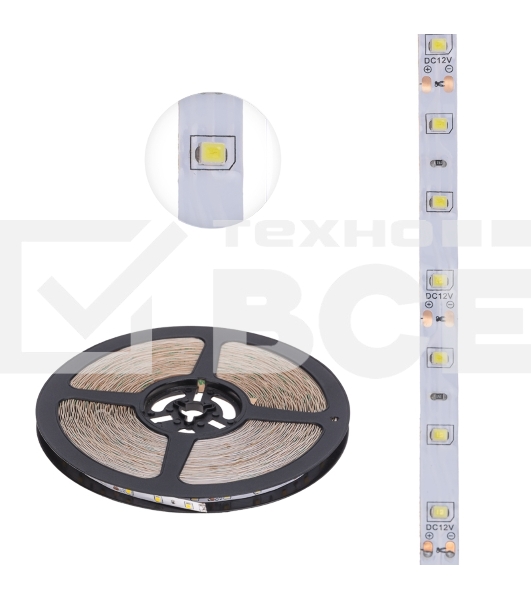 Лента светодиодная 12В, SMD2835, 4,8Вт/м, 60 LED/м, 2700К, 8мм, 20м, для БП с клеммами, IP20 LAMPER
