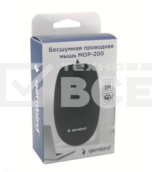Мышь проводная Gembird MOP-200 черный, 1000 dpi, USB, кнопки - 3