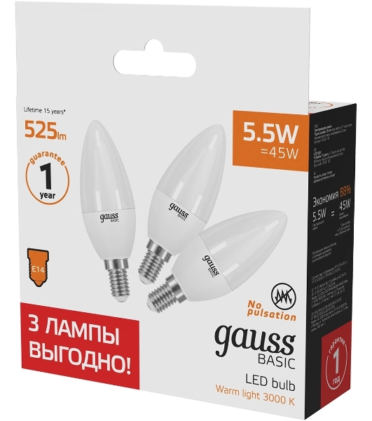 Лампа светодиодная Gauss Basic 1033116T 5.5Вт цок.:E14 свеча 240B 3000K св.свеч.белый.теп. (упак.:3шт)