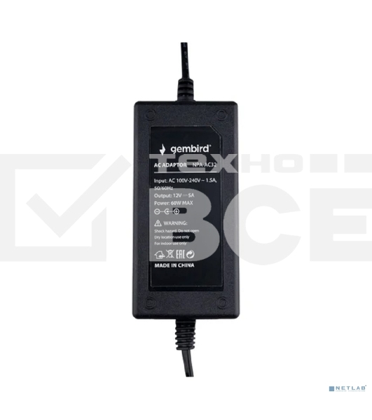 Блок питания Gembird NPA-AC32, 12В/5А, 60Вт, 1 штекер 5,5х2,5мм, черный