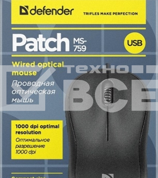Мышь проводная Defender Patch MS-759 черный, 1000 dpi, USB, кнопки - 3