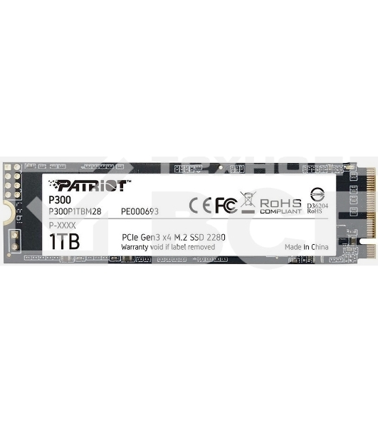Накопитель SSD Patriot P300, 1000GB, PCIe 3.0 x4, M.2 2280, NVMe, R/W 2100/1650