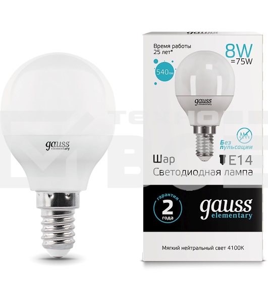 Лампа светодиодная LED 8Вт E14 220В 4100К Elementary шар 53128 Gauss