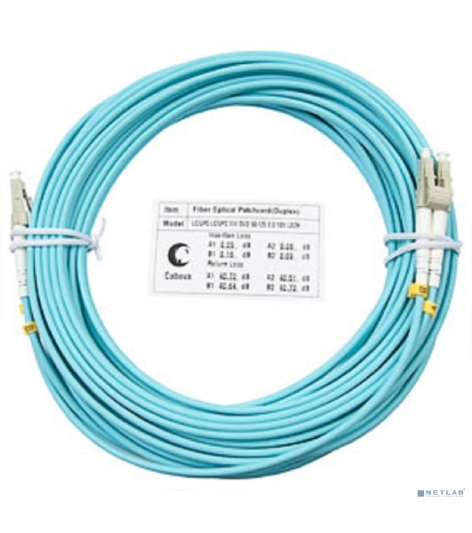 Комм. шнур оптический Cabeus Tight Buffer, Duplex LC/LC, OM3 50/125, LSZH, 15м, Ø 3мм, серый хвостовик, аква