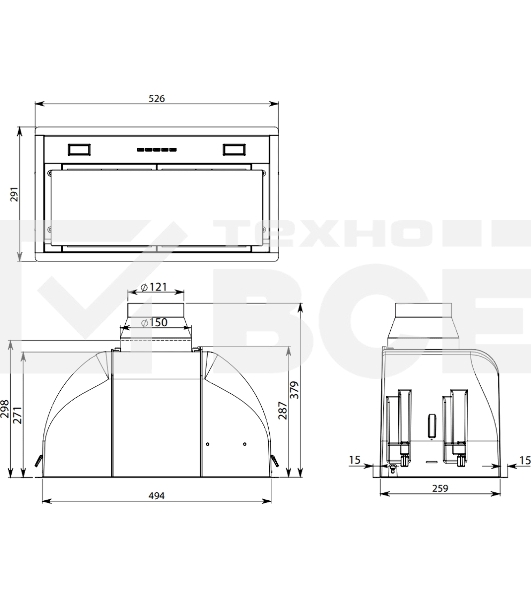 Встраиваемая вытяжка FALMEC BUILT-IN BURANO 50  INOX, серия Design, 52 см, электронное/кнопочное управление, светодиодное освещение, периметральное всасывание, 3 скорости, отвод/циркуляция, таймер, максимальная производительность 1040 м3/ч, угольный фильт