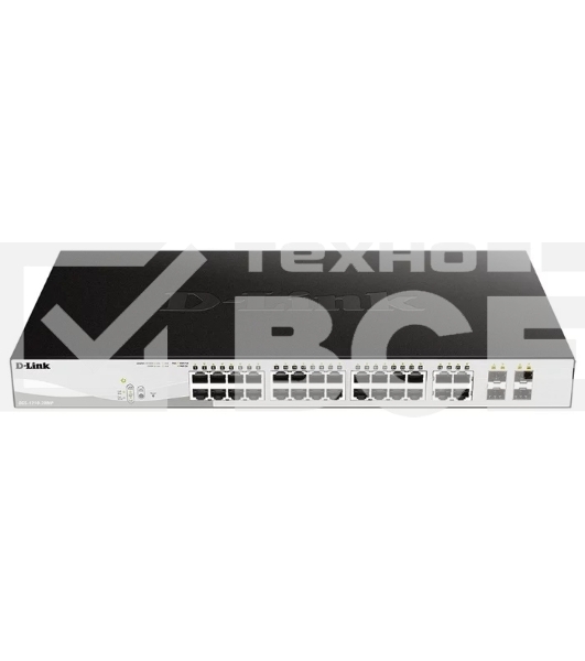 Коммутатор D-Link DGS-1210-28MP/FL1A, L2 Managed Switch with 24 10/100/1000Base-T ports and 4 100/1000Base-T/SFP combo-ports (24 PoE ports 802.3af/802.3at (30 W), PoE Budget 370 W).8K Mac address, 802.3x Flow C