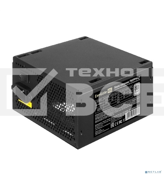 Блок питания 750W ExeGate 80 PLUS 750PPH-LT (ATX, APFC, КПД 82% (80 PLUS), 12cm fan, 24pin, 2x(4+4)pin, 4xPCI-E, 8xSATA, 4xIDE, black, Color Box)