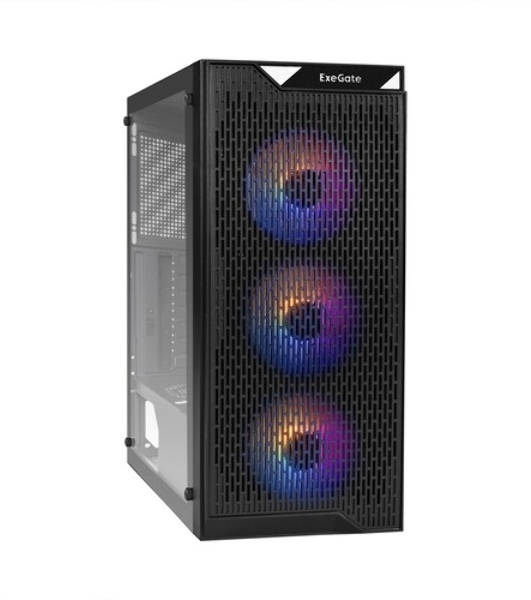 Компьютерный корпус Miditower ExeGate EVO-5001A-600NPX (ATX, БП 600NPX с вент. 12 см, 2хUSB+1хUSB 3.0+HD Audio, черный, 3 вент.12см с RGb подсветкой, боковая панель - закаленное стекло)