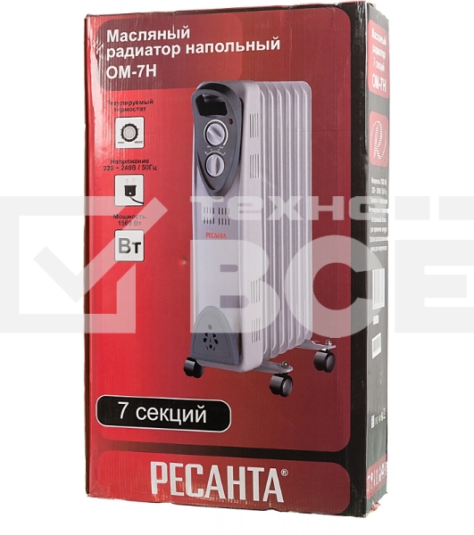 Масляный обогреватель Ресанта ОМ- 7Н (7 секций), белый, 1500 Вт, 15 м2, термостат 67/3/7