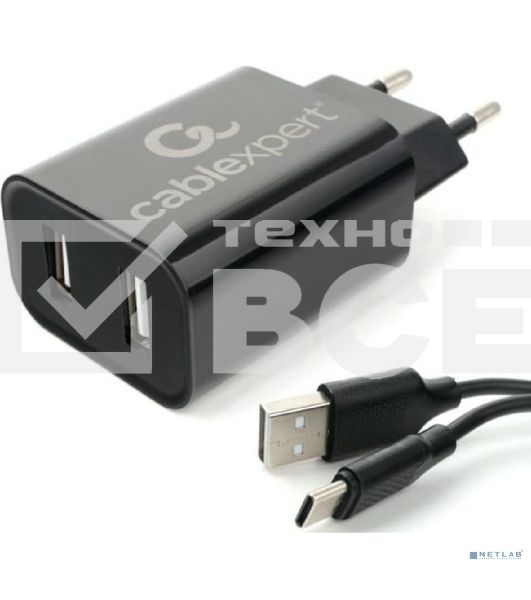 Адаптер питания Cablexpert MP3A-PC-37 USB 2 порта, 2.4A, черный + кабель 1м Type-C