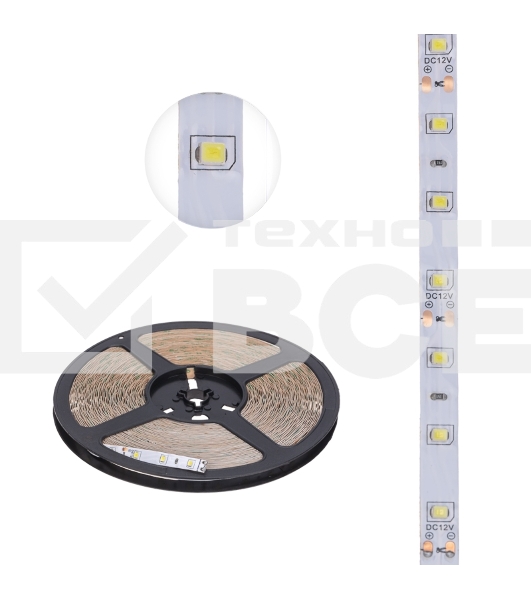 Лента светодиодная 12В, SMD2835, 4,8Вт/м, 60 LED/м, 6500К, 8мм, 20м, для БП с клеммами, IP20 LAMPER