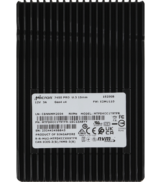 Накопитель SSD Micron 7450 Pro, 1.92Tb, 2.5', U.3, NVMe, R/W 6800/2700