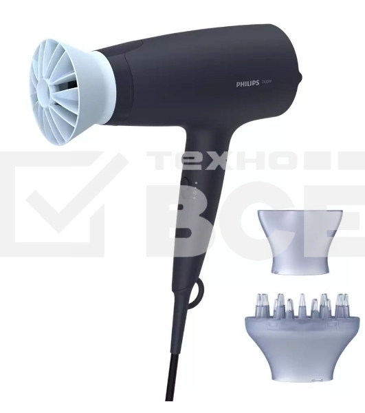 Фен Philips Фен Philips/ 2100 Вт, 6 режимов, ионизация, ThermoProtect, концентратор, диффузор, шнур 1,8 м. Цвет: синий.