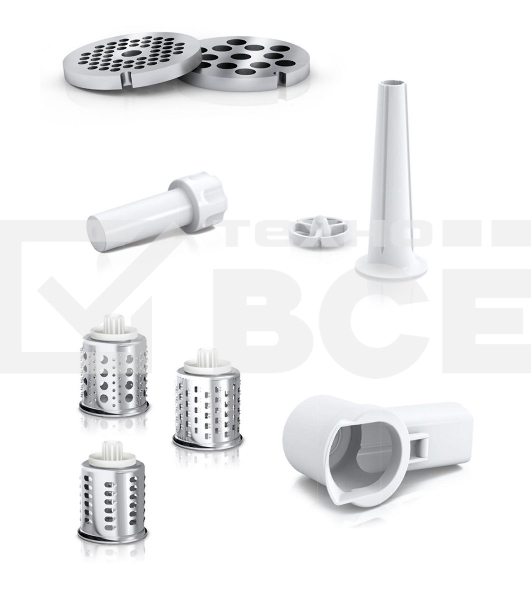 Мясорубка Bosch MFW3X13W CompactPower,2000Вт, 2,5 кг/мин, цвет: белый, механическая защ ита от перегрузки, 2 скор., реверс.Комплект: 2 диска для фарша, насадка для колбасок, насадка-терка (3 барабана)