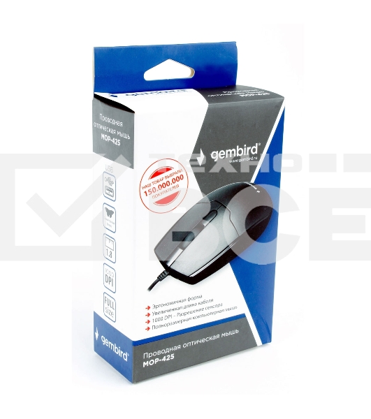 Мышь проводная Gembird MOP-425 черный, 1000 dpi, USB, кнопки - 3