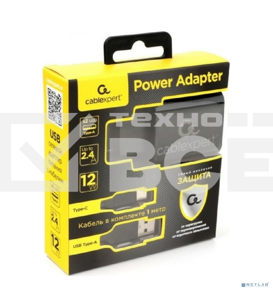 Адаптер питания Cablexpert MP3A-PC-37 USB 2 порта, 2.4A, черный + кабель 1м Type-C