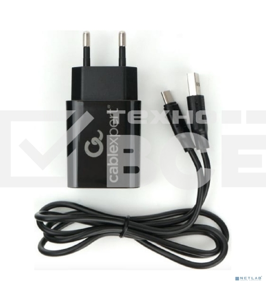 Адаптер питания Cablexpert MP3A-PC-37 USB 2 порта, 2.4A, черный + кабель 1м Type-C