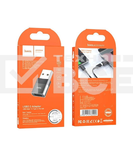 Переходник USB2.0 OTG Hoco, AM/Type-C(F), UA17, черный, коробка