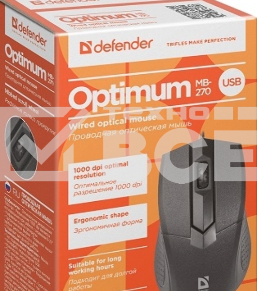 Мышь проводная Defender Optimum MB-270 черный, 1000 dpi, USB, кнопки - 3