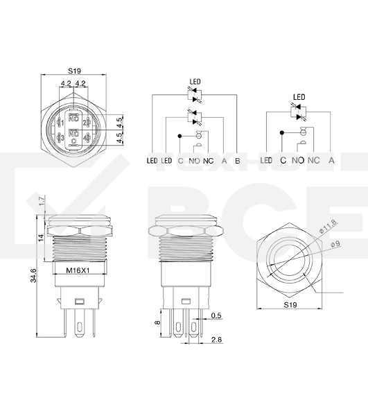 Кнопка  антивандальная Ø16 250В Б/Фикс (5с) (ON)-OFF плоская подсв/красная POWER  Rexant