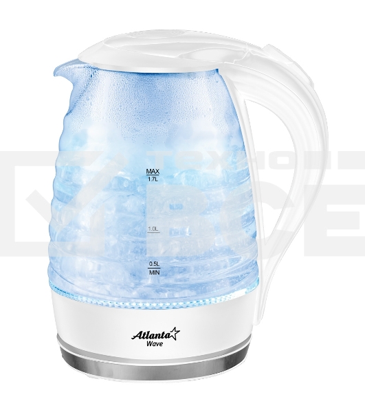 Чайник ATLANTA, ATH-2467 бел, Стекло, 1,7л, 2000Вт, белый, иллюминация, защита от перегрева без воды.