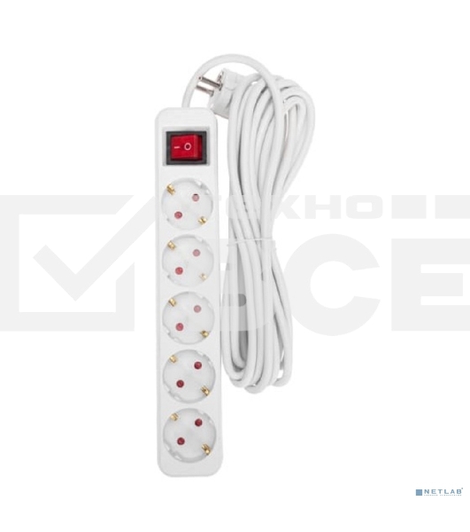 Удлинитель STANDARD 5 гнезд, 5м, 3х1,0мм², с/з, с выключателем, белый Rexant