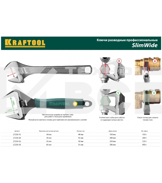 Ручной инструмент KRAFTOOL 27258-15 Ключ разводной Cr-V,фосфатир,эргоном рукоятка из эластомера,увелич зев,угол наклона губок 15град,150мм/6',34мм
