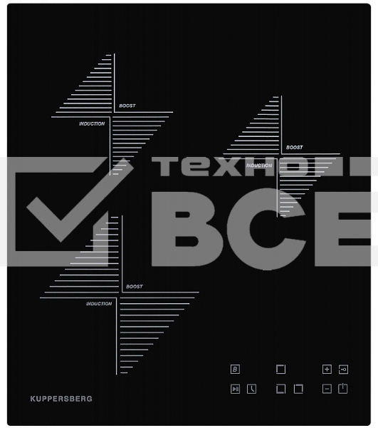 Индукционная варочная панель Kuppersberg ICO 402/ширина 45 см, 2 зоны 1,3 кВт(BOOSTER 1,5 кВт), 1 зона 2 кВт(BOOSTER 2,2 кВт),электронное сенсорное управление, 4 цифровых дисплев, 9 уровней мощности,автоматическое отключение,'Защита от детей'/Блокировка панели управления, Таймер до 99 минут, Stop & Go, Индикаторы остаточного тепла, цвет черный/прямой край