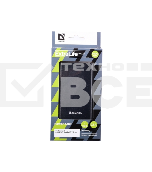 Внешний аккумулятор Defender Extralife 8000mAh 1USB, Li-pol ,5V,2.1A, серый