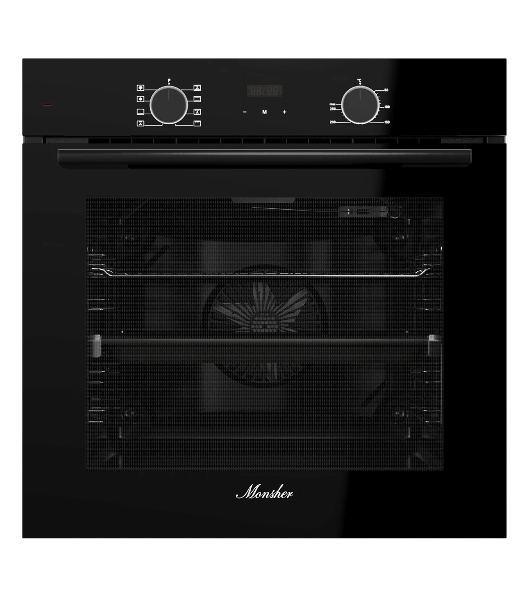 Духовой шкаф Monsher MOE 6008 Noir, 60 см, объем 80 л, утапливаемые переключатели, механический таймер, 2 стекла в дверце, 8 режимов, телескопические направляющие (на 1 уровень), энергоэффективность А, черный