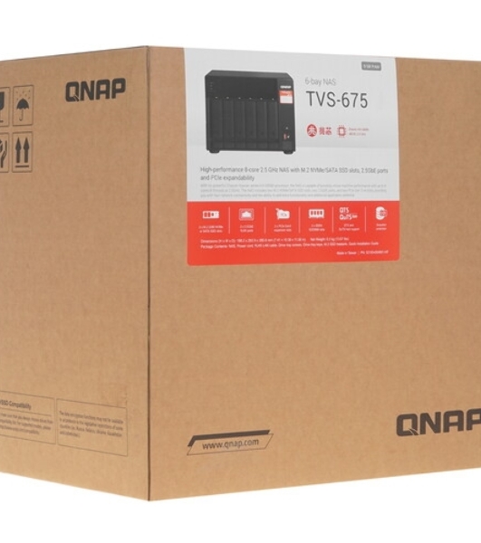 Сетевое хранилище без дисков SMB QNAP TVS-675-8G NAS, 6-tray w/o HDD, 2xM.2 SSD Slot, 1xHDMI-port. CPU 8-сore 64-bit x86 KX-U6580 2.5 GHz, 8GB DDR4 (1 x 8GB) up to 64GB (2 x 32GB), 2x 2.5 Gigabit LAN